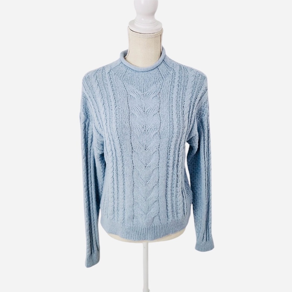 J. Crew light blue roll neck cable knit spring preppy coastal super soft sweater